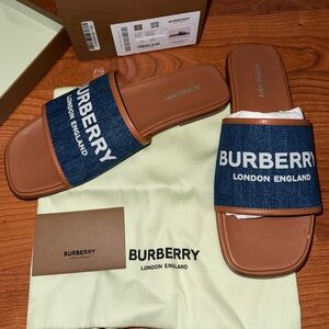 Burberry Carolyn Denim Logo Flat Slide Sandals NEW